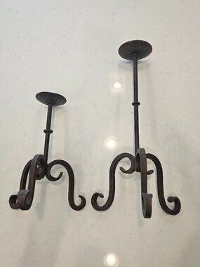 Vintage Wrought Iron Pillar Candle Holder Set of Two - Rustic Finish
